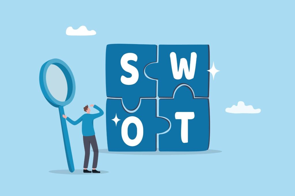 Illustratie van een ondernemer die een SWOT-analyse onderzoekt met puzzelstukken voor sterktes, zwaktes, kansen en bedreigingen