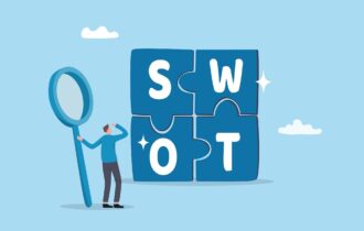 Illustratie van een ondernemer die een SWOT-analyse onderzoekt met puzzelstukken voor sterktes, zwaktes, kansen en bedreigingen
