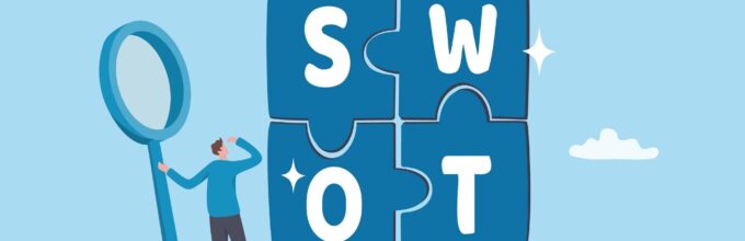 Illustratie van een ondernemer die een SWOT-analyse onderzoekt met puzzelstukken voor sterktes, zwaktes, kansen en bedreigingen