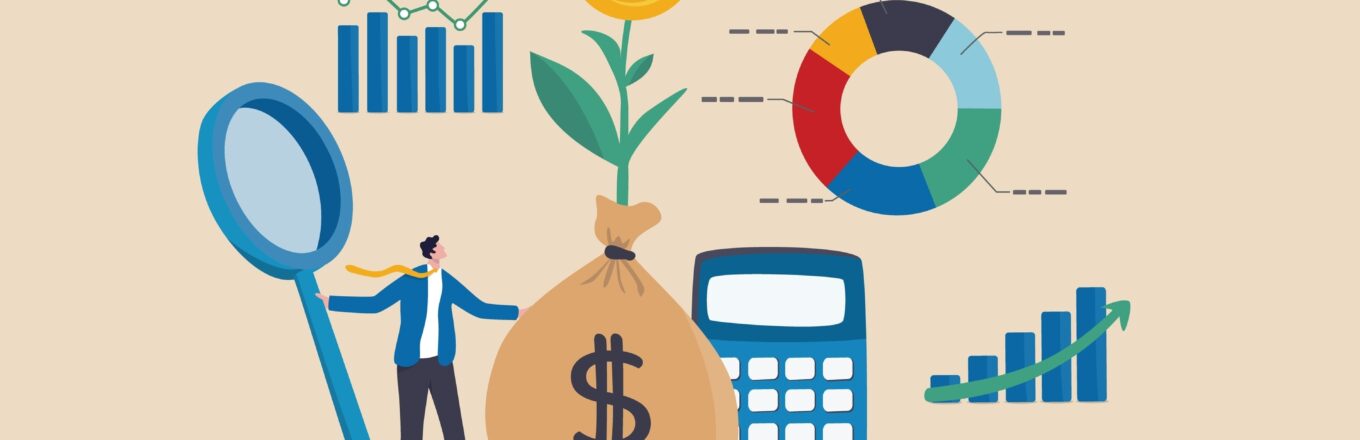 Illustratie van financieel plan met grafieken, rekentools en een geldzak als symbool voor begrotingen en winstprognoses