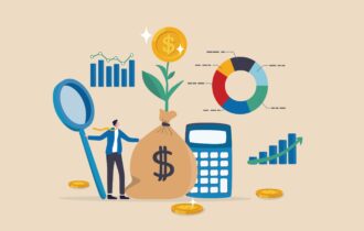 Illustratie van financieel plan met grafieken, rekentools en een geldzak als symbool voor begrotingen en winstprognoses
