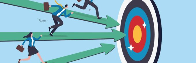 Illustratie van ondernemers die elkaar beconcurreren op weg naar een gezamenlijk doel, als metafoor voor het analyseren van concurrentie in een ondernemingsplan