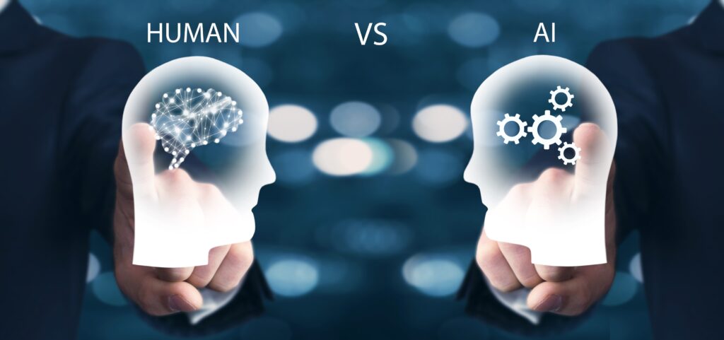Infographic met twee silhouetten: links een menselijk brein, rechts AI-tandwielen, met de tekst “Human vs AI”