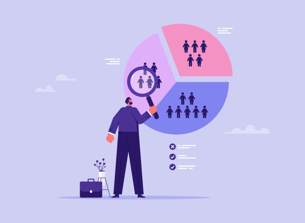 Man analyseert doelgroepen met vergrootglas voor een ondernemingsplan, weergegeven in cirkeldiagram met segmenten
