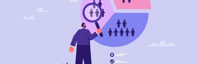 Man analyseert doelgroepen met vergrootglas voor een ondernemingsplan, weergegeven in cirkeldiagram met segmenten