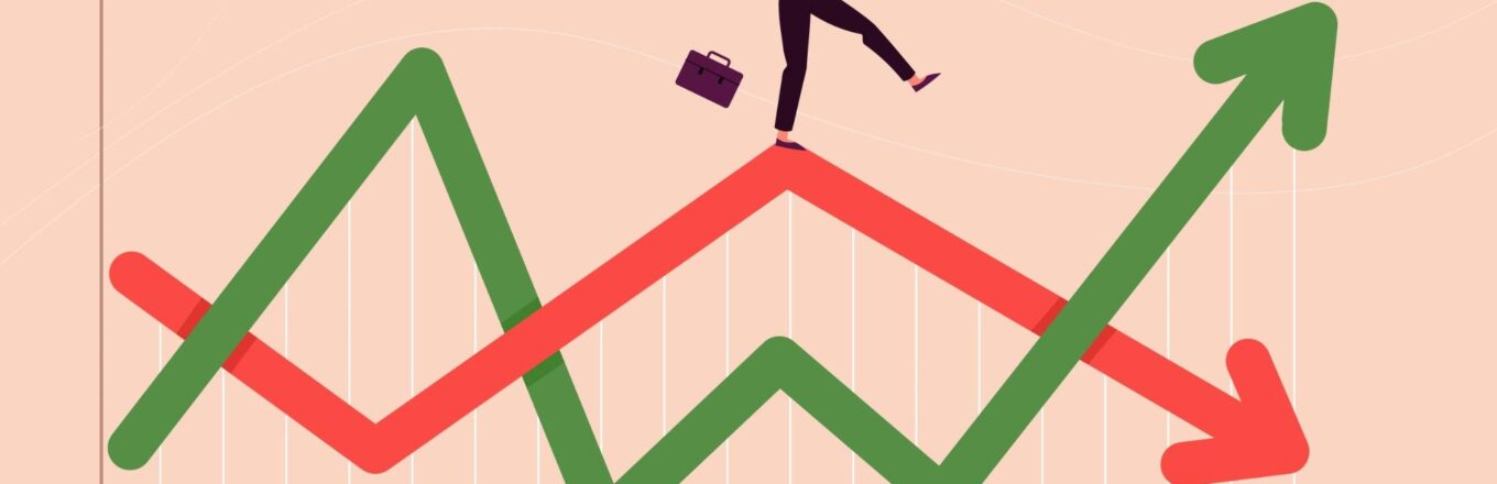 Illustratie van ondernemer die balanceert op marktschommelingen — passend bij marktontwikkelingen in het ondernemingsplan