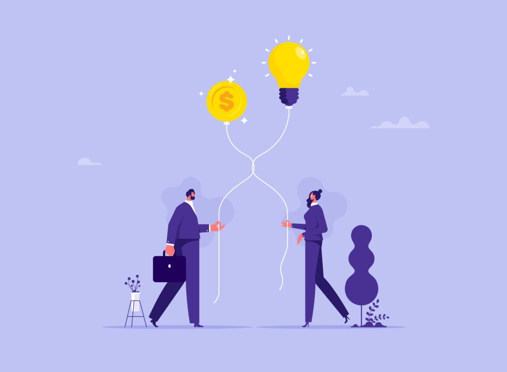 Illustratie van een ondernemer die een investeerder ontmoet: ruil van idee en investering