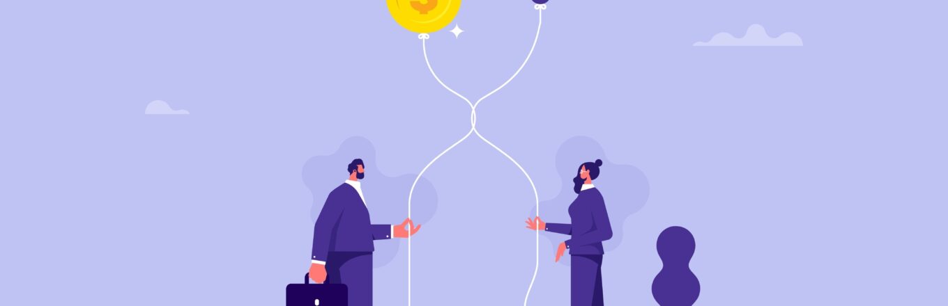 Illustratie van een ondernemer die een investeerder ontmoet: ruil van idee en investering