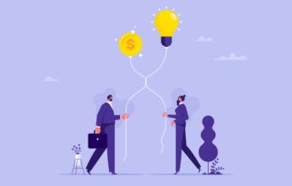Illustratie van een ondernemer die een investeerder ontmoet: ruil van idee en investering