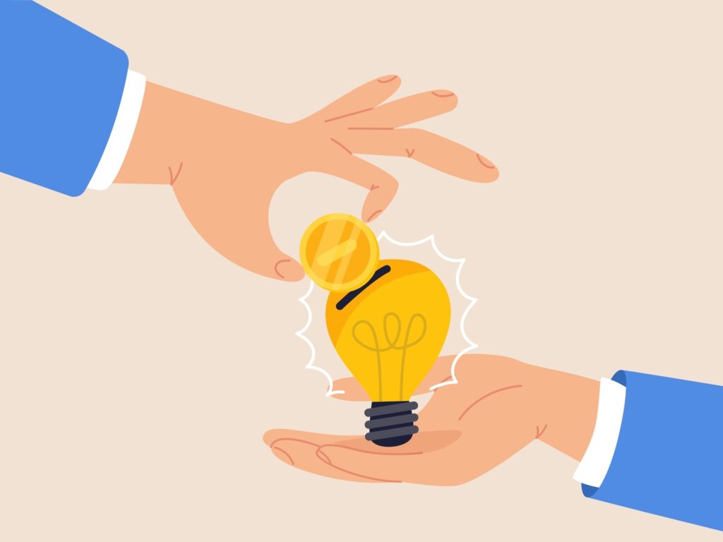 Ondernemingsplan financieringsaanvraag – investering in bedrijfsidee met munt en gloeilamp.